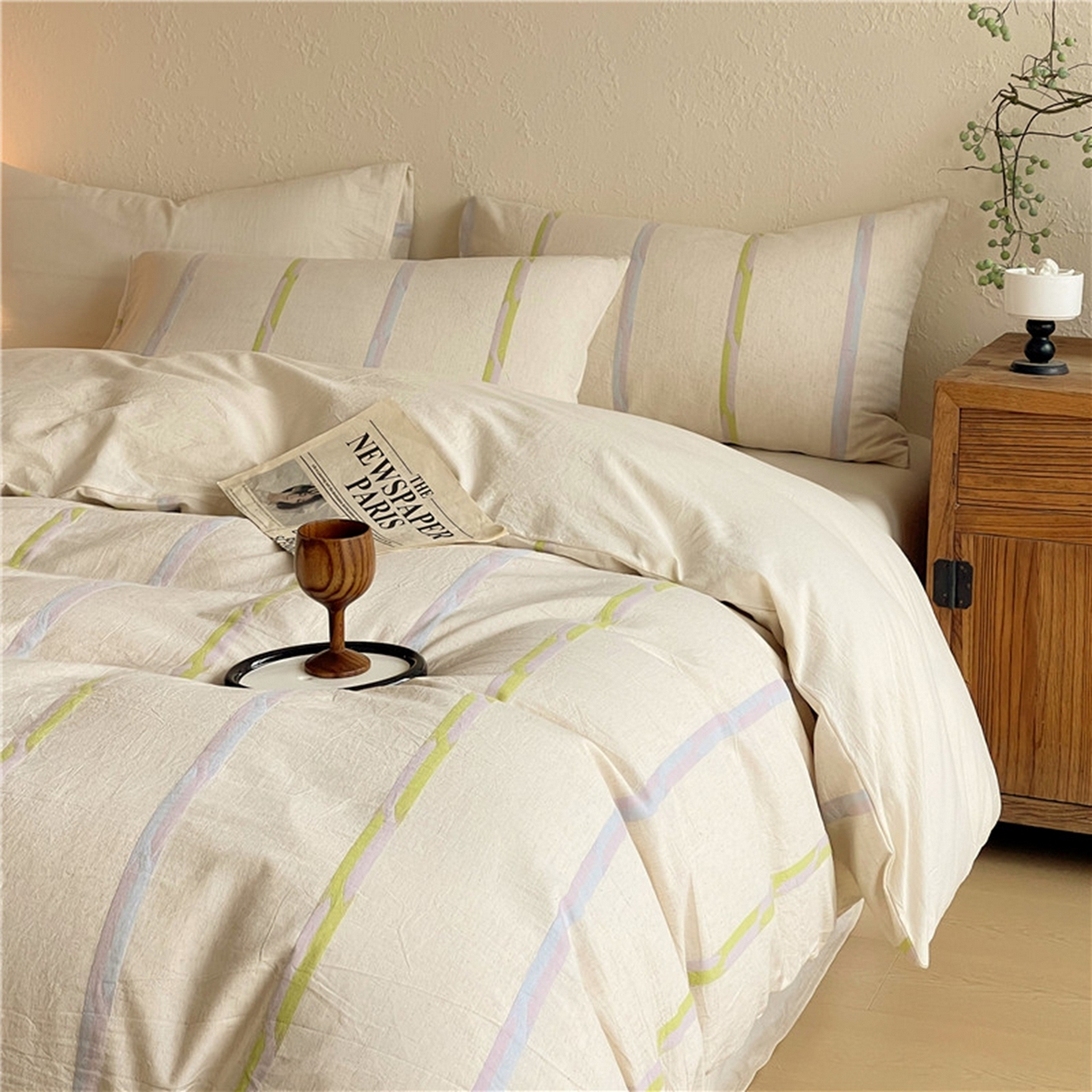 91家纺网 家纺一手货源 找家纺 琪格格纺织 2026新款A类棉麻亚麻侘寂风条纹提花四件套-平行线系列 平行线-绿条