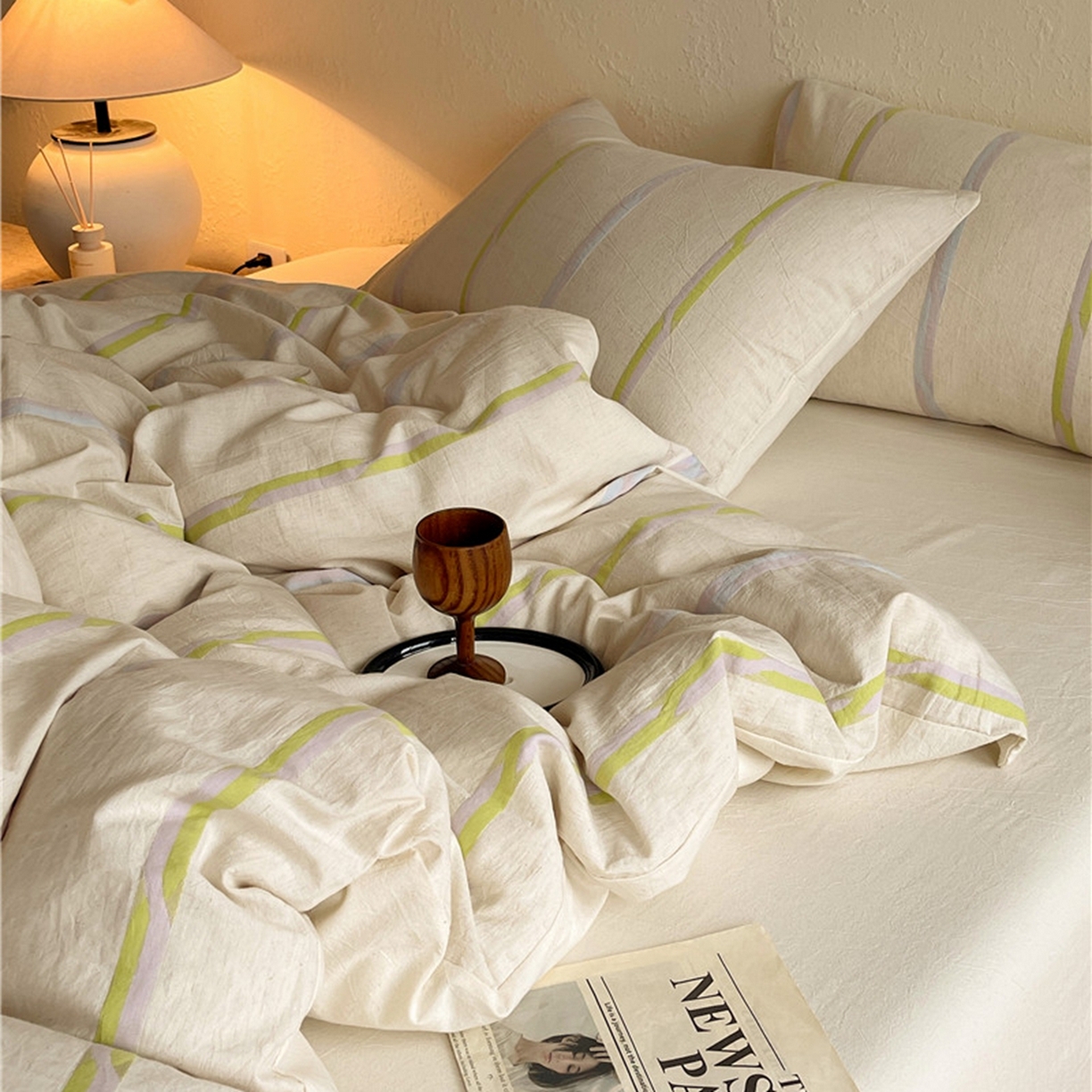 91家纺网 家纺一手货源 找家纺 琪格格纺织 2026新款A类棉麻亚麻侘寂风条纹提花四件套-平行线系列 平行线-绿条