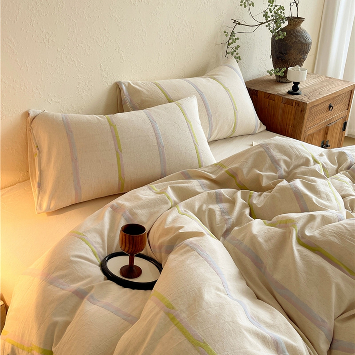 91家纺网 家纺一手货源 找家纺 琪格格纺织 2026新款A类棉麻亚麻侘寂风条纹提花四件套-平行线系列 平行线-绿条