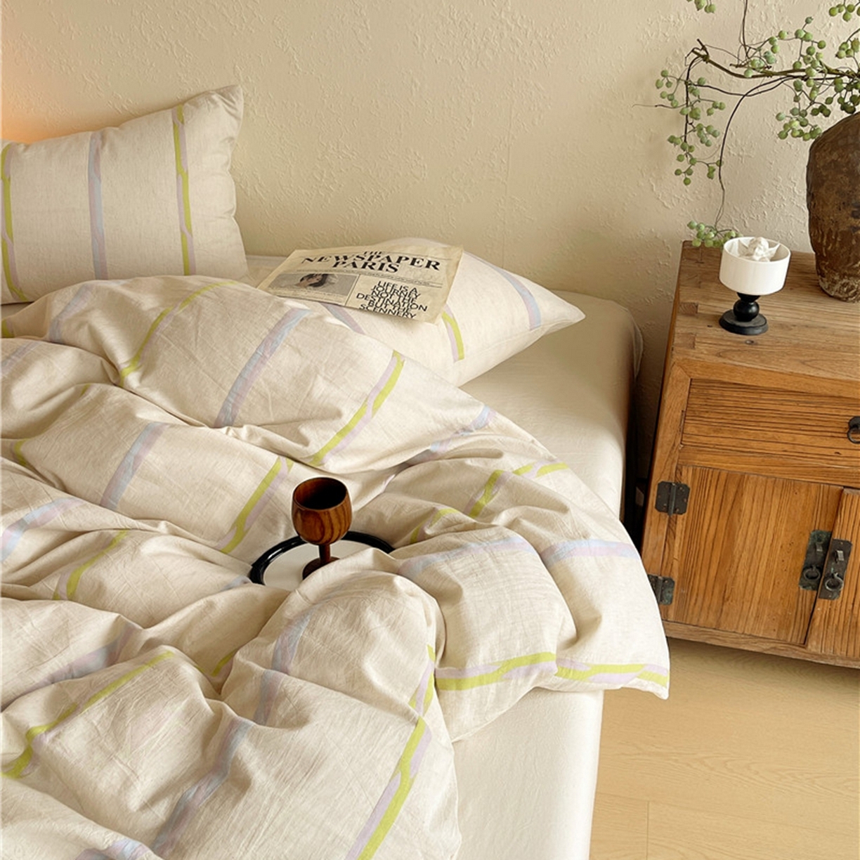 91家纺网 家纺一手货源 找家纺 琪格格纺织 2026新款A类棉麻亚麻侘寂风条纹提花四件套-平行线系列 平行线-绿条