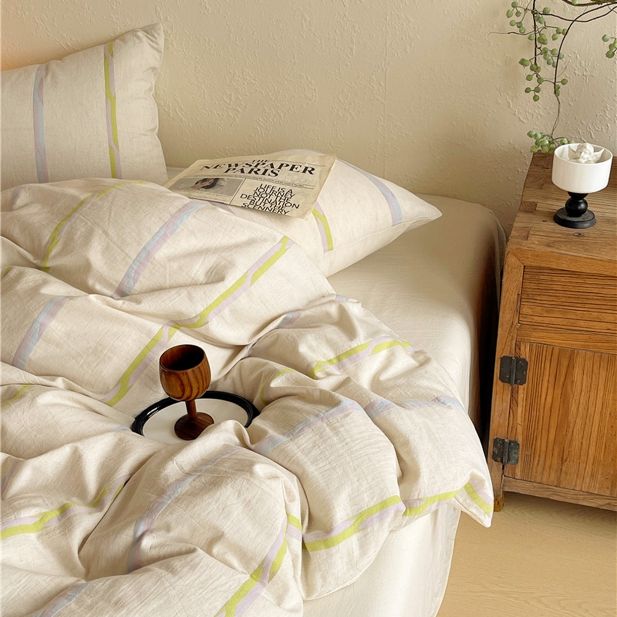 91家纺网 家纺一手货源 找家纺 琪格格纺织 2026新款A类棉麻亚麻侘寂风条纹提花四件套-平行线系列 平行线-绿条