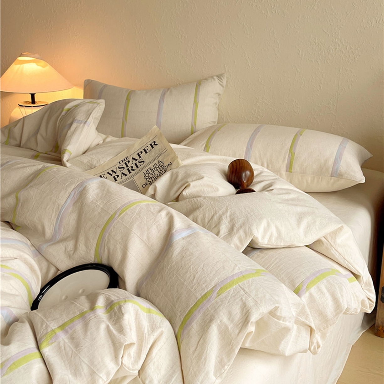 91家纺网 家纺一手货源 找家纺 琪格格纺织 2026新款A类棉麻亚麻侘寂风条纹提花四件套-平行线系列 平行线-绿条