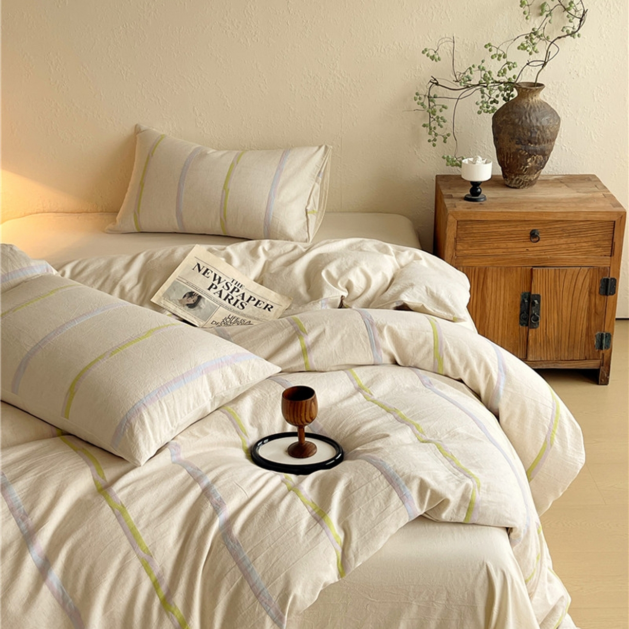 91家纺网 家纺一手货源 找家纺 琪格格纺织 2026新款A类棉麻亚麻侘寂风条纹提花四件套-平行线系列 平行线-绿条