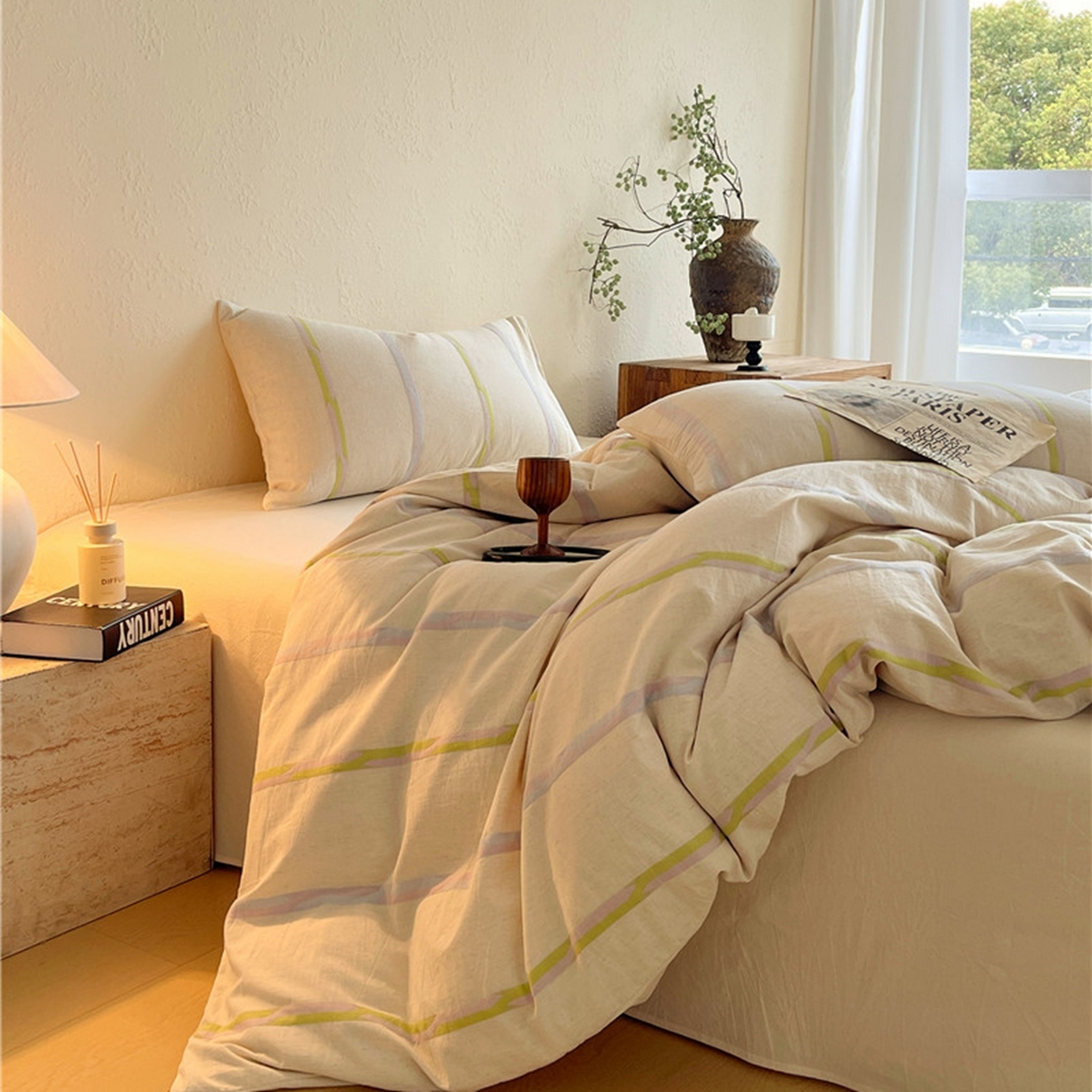 91家纺网 家纺一手货源 找家纺 琪格格纺织 2026新款A类棉麻亚麻侘寂风条纹提花四件套-平行线系列 平行线-绿条