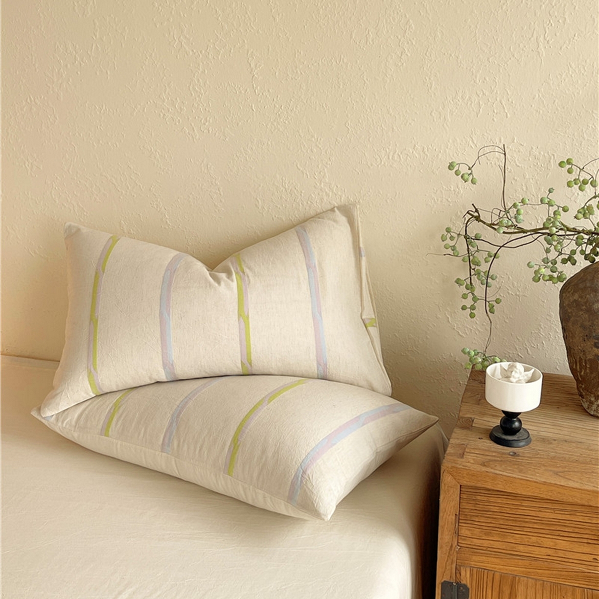 91家纺网 家纺一手货源 找家纺 琪格格纺织 2026新款A类棉麻亚麻侘寂风条纹提花四件套-平行线系列 平行线-绿条