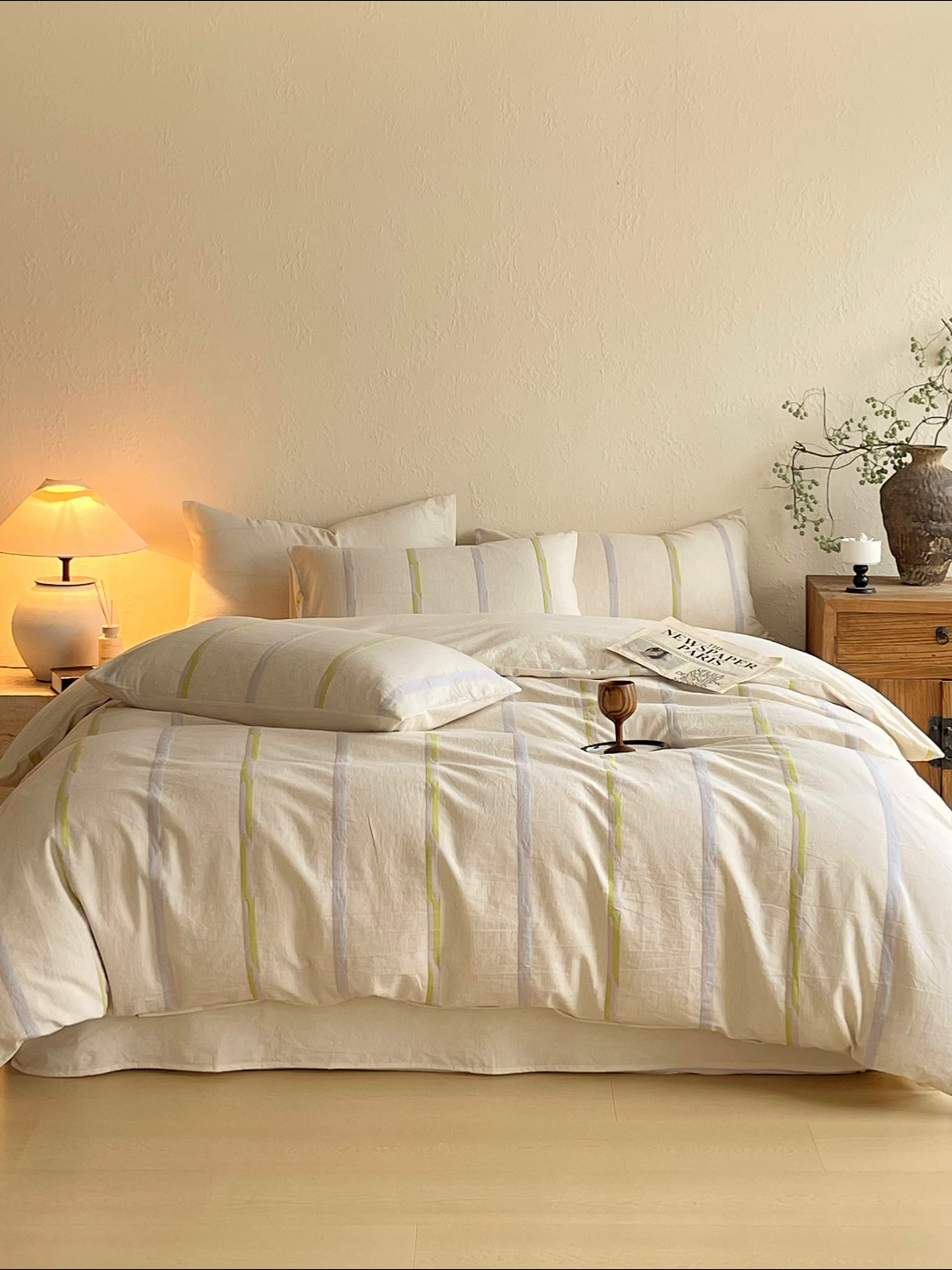 91家纺网 家纺一手货源 找家纺 琪格格纺织 2026新款A类棉麻亚麻侘寂风条纹提花四件套-平行线系列 平行线-绿条