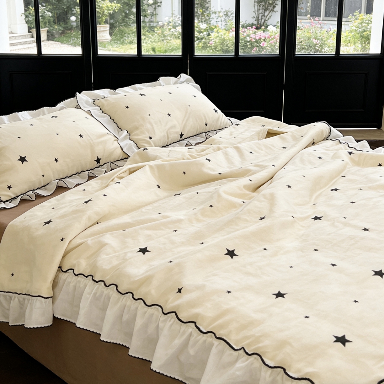 91家纺网 家纺一手货源 找家纺 荣轩家居 2026新款韩式月芽款大花边全棉双层纱夏被夏凉被空调被 星晚-咖