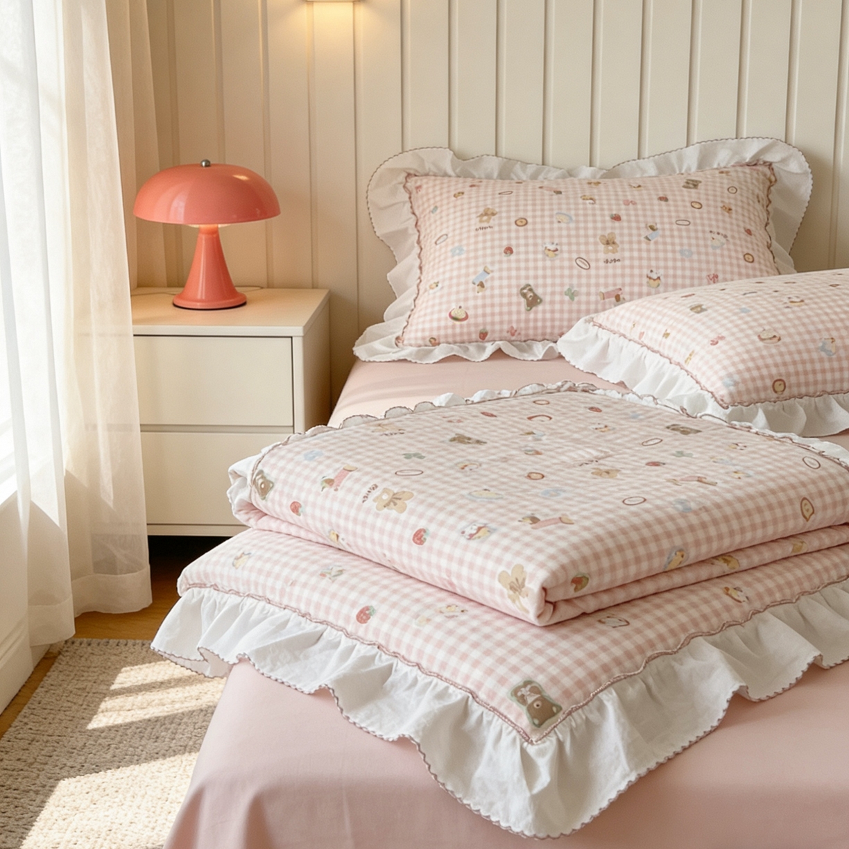 91家纺网 家纺一手货源 找家纺 荣轩家居 2026新款韩式月芽款大花边全棉双层纱夏被夏凉被空调被 粉格甜梦