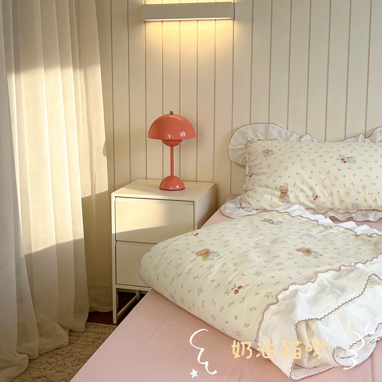 荣轩家居 2026新款韩式月芽款大花边全棉双层纱夏被夏凉被空调被 奶油猫咪