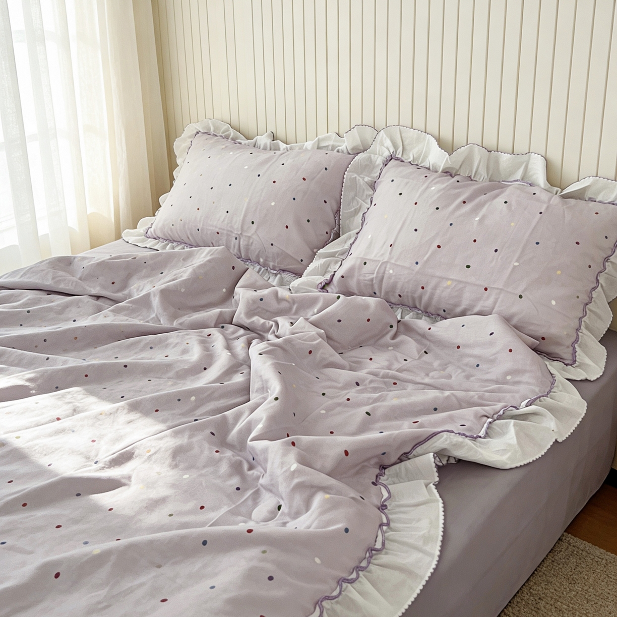 91家纺网 家纺一手货源 找家纺 荣轩家居 2026新款韩式月芽款大花边全棉双层纱夏被夏凉被空调被 蜜糖派对-紫