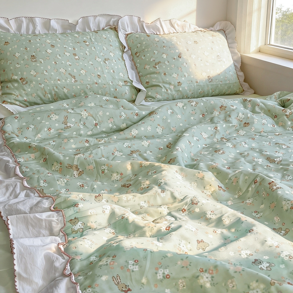 91家纺网 家纺一手货源 找家纺 荣轩家居 2026新款韩式月芽款大花边全棉双层纱夏被夏凉被空调被 清野织梦