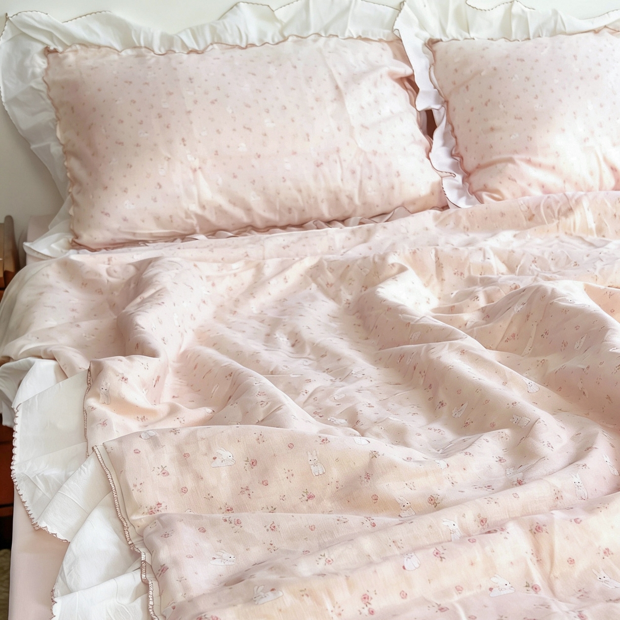 91家纺网 家纺一手货源 找家纺 荣轩家居 2026新款韩式月芽款大花边全棉双层纱夏被夏凉被空调被 絮语