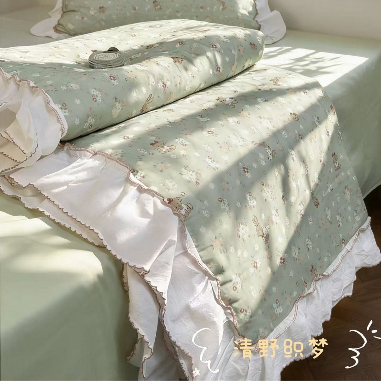 荣轩家居 2026新款韩式月芽款大花边全棉双层纱夏被夏凉被空调被 清野织梦