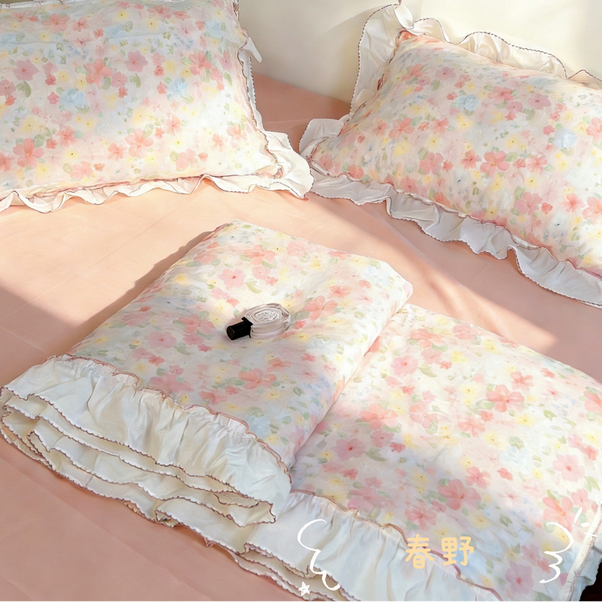 荣轩家居 2026新款韩式月芽款大花边全棉双层纱夏被夏凉被空调被 春野