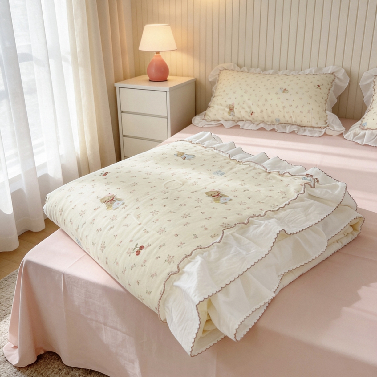 91家纺网 家纺一手货源 找家纺 荣轩家居 2026新款韩式月芽款大花边全棉双层纱夏被夏凉被空调被 奶油猫咪