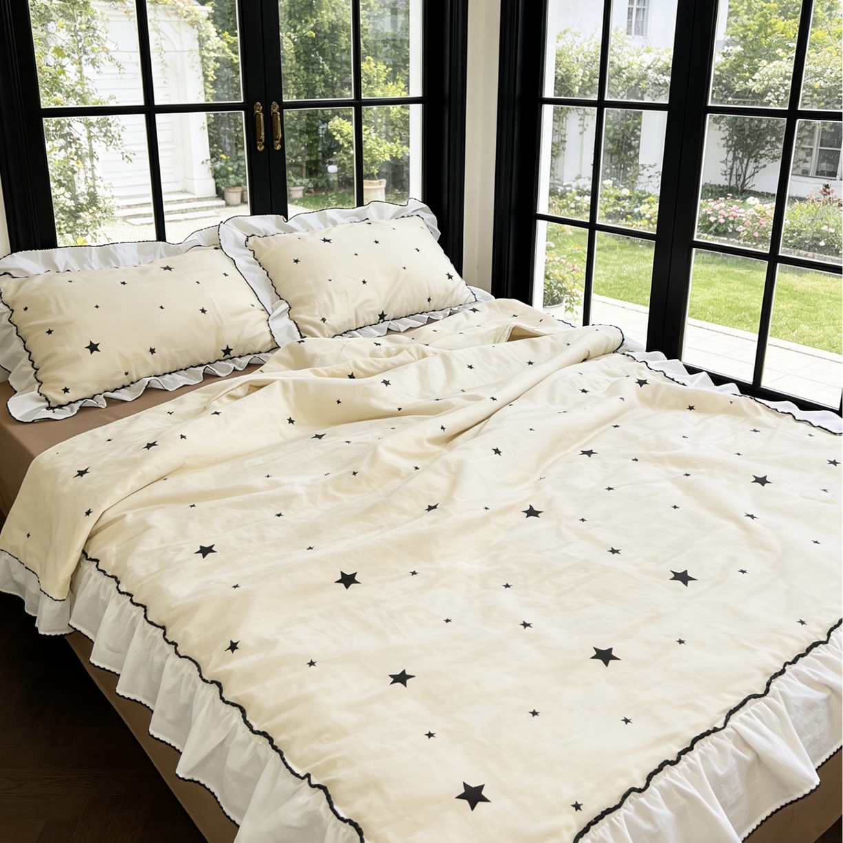 91家纺网 家纺一手货源 找家纺 荣轩家居 2026新款韩式月芽款大花边全棉双层纱夏被夏凉被空调被 星晚-咖