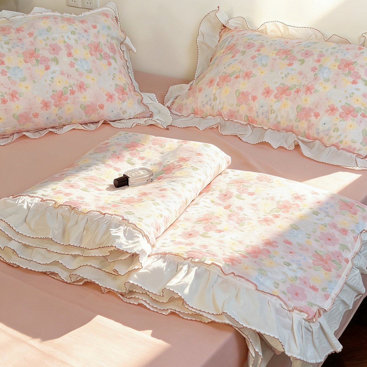 91家纺网 家纺一手货源 找家纺 荣轩家居 2026新款韩式月芽款大花边全棉双层纱夏被夏凉被空调被 春野