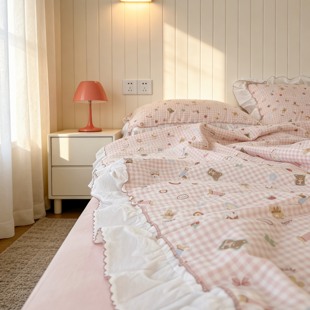 91家纺网 家纺一手货源 找家纺 荣轩家居 2026新款韩式月芽款大花边全棉双层纱夏被夏凉被空调被 粉格甜梦