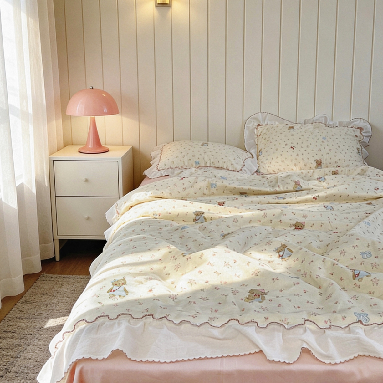 91家纺网 家纺一手货源 找家纺 荣轩家居 2026新款韩式月芽款大花边全棉双层纱夏被夏凉被空调被 奶油猫咪