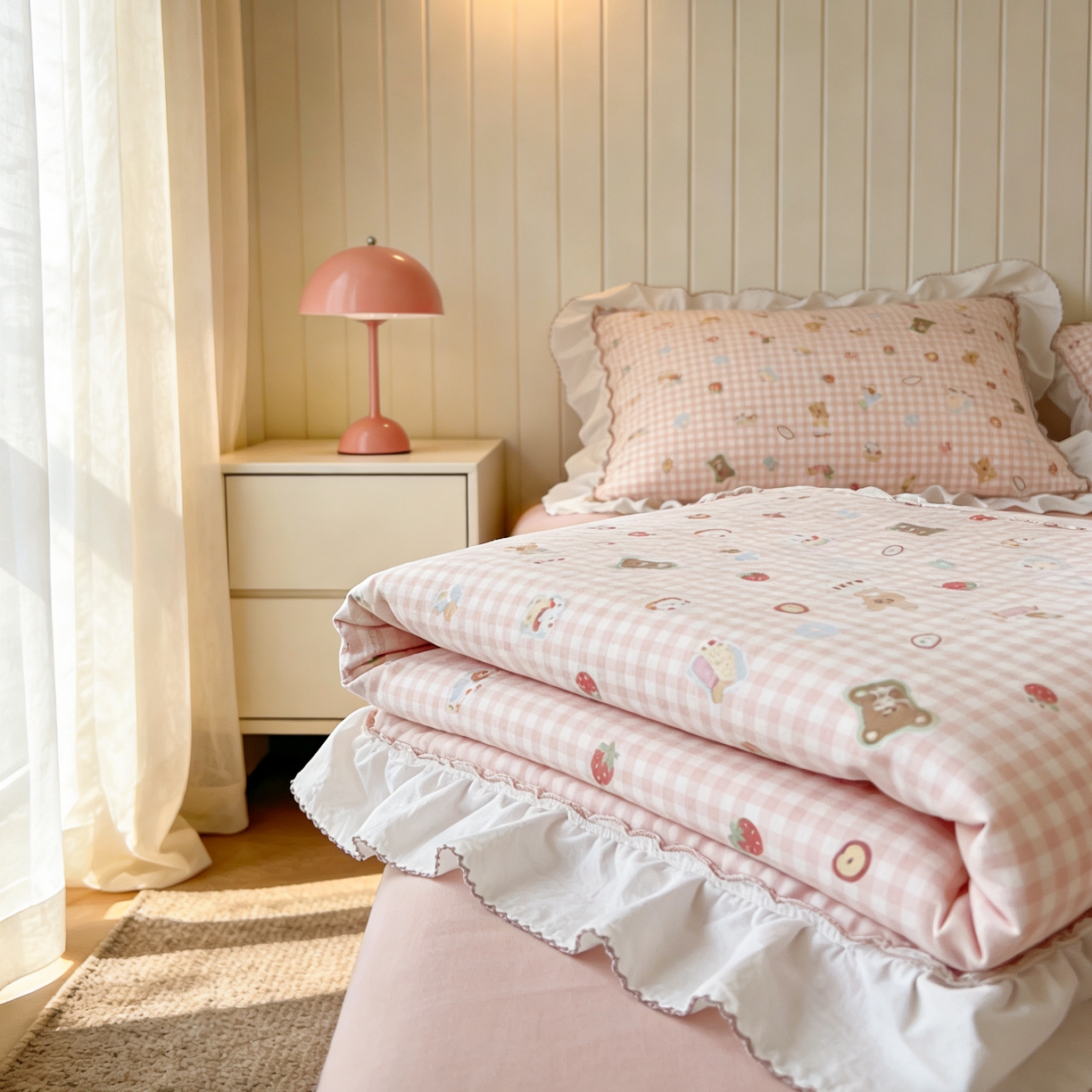 91家纺网 家纺一手货源 找家纺 荣轩家居 2026新款韩式月芽款大花边全棉双层纱夏被夏凉被空调被 粉格甜梦