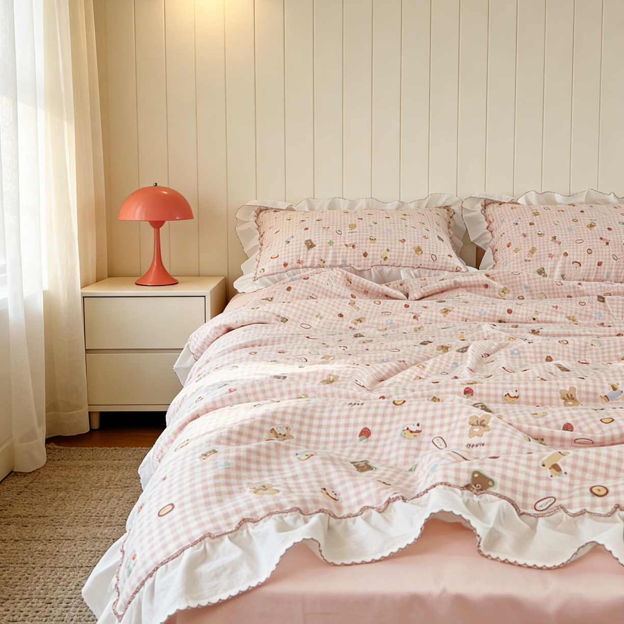 91家纺网 家纺一手货源 找家纺 荣轩家居 2026新款韩式月芽款大花边全棉双层纱夏被夏凉被空调被 粉格甜梦