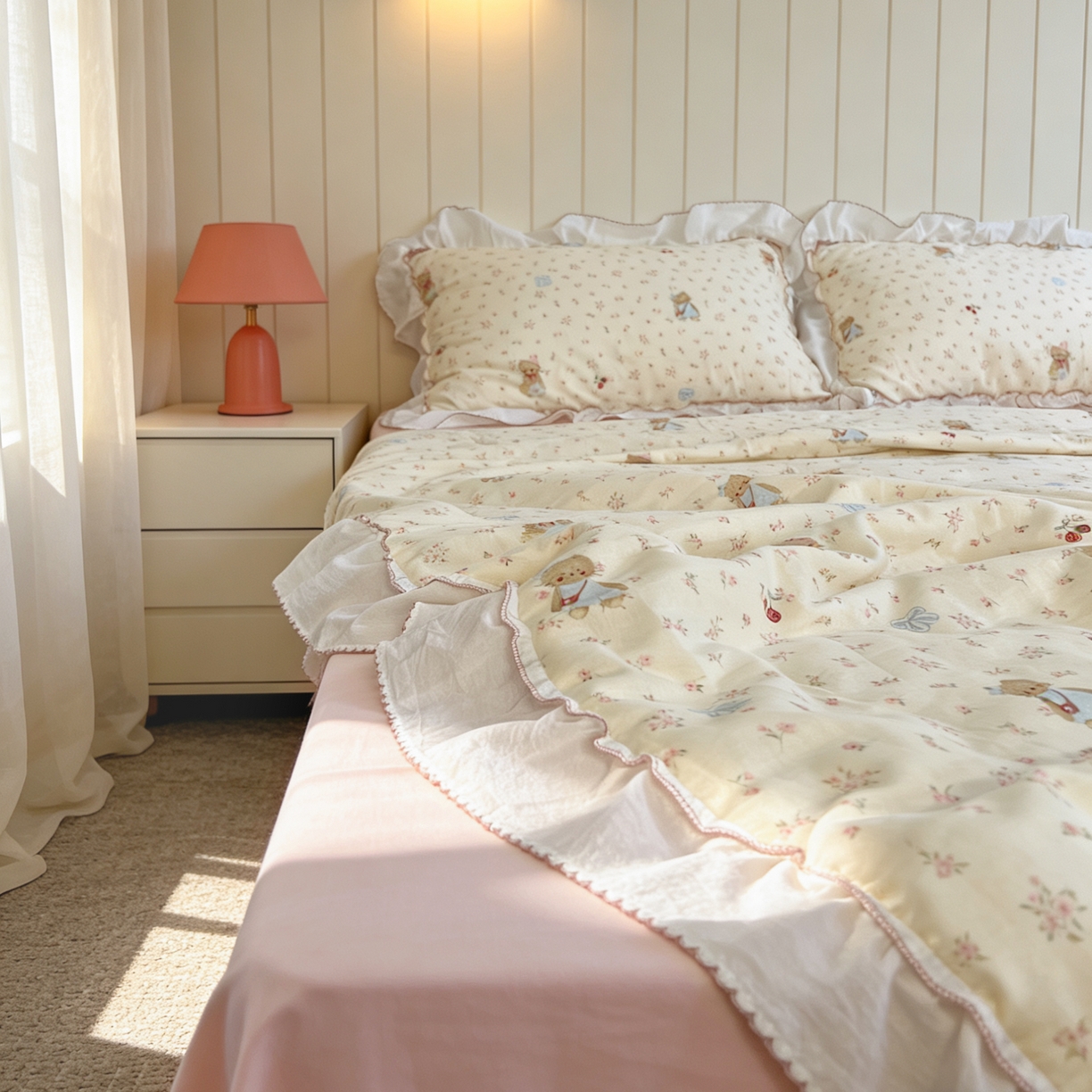 91家纺网 家纺一手货源 找家纺 荣轩家居 2026新款韩式月芽款大花边全棉双层纱夏被夏凉被空调被 奶油猫咪