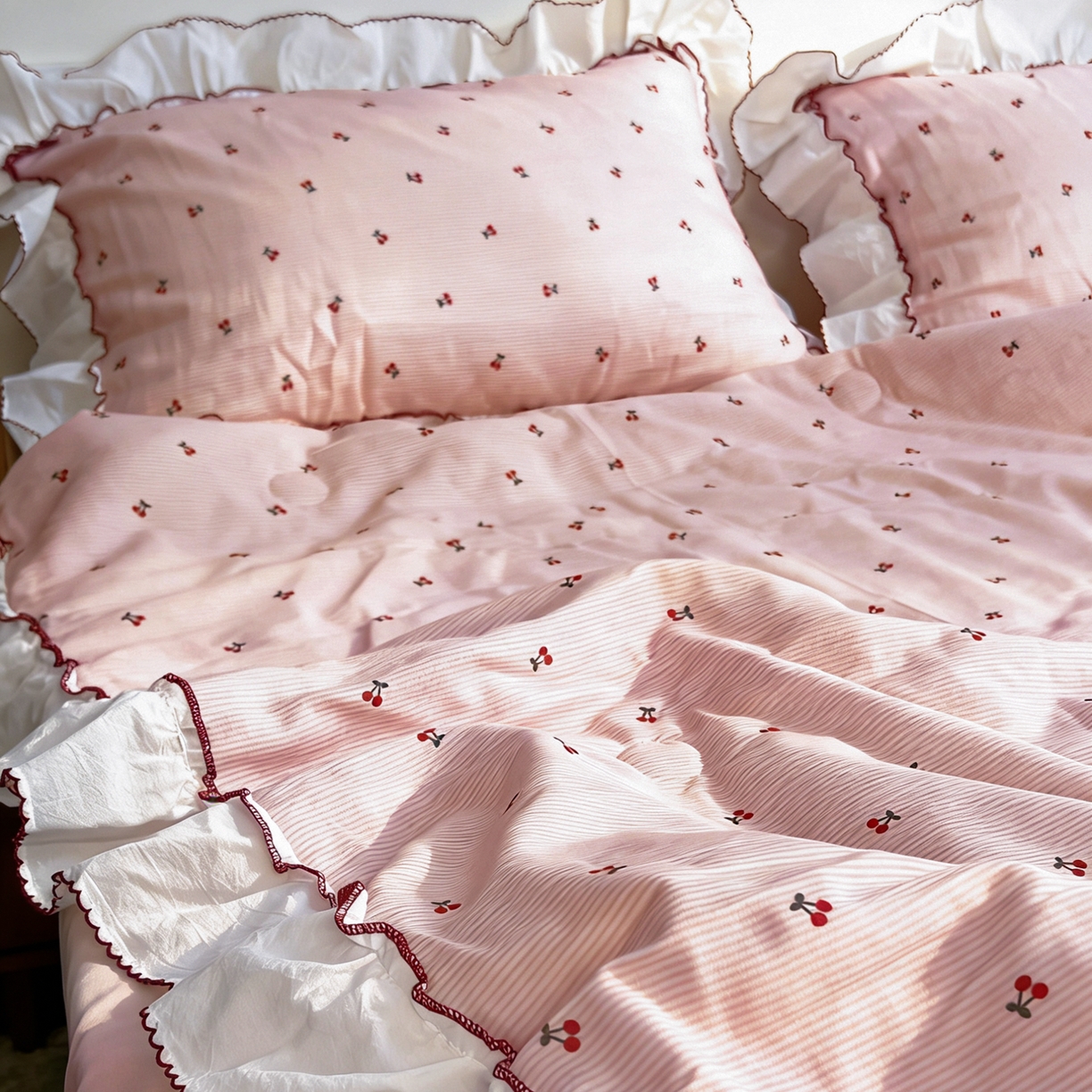 91家纺网 家纺一手货源 找家纺 荣轩家居 2026新款韩式月芽款大花边全棉双层纱夏被夏凉被空调被 樱桃奶芙