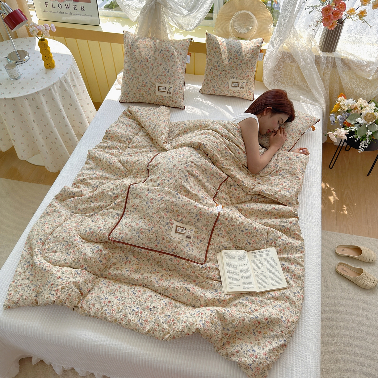 91家纺网 家纺一手货源 找家纺 （总）宝马家纺（原梦童画） 2026新款色织云舒棉印花轻奢款抱枕被