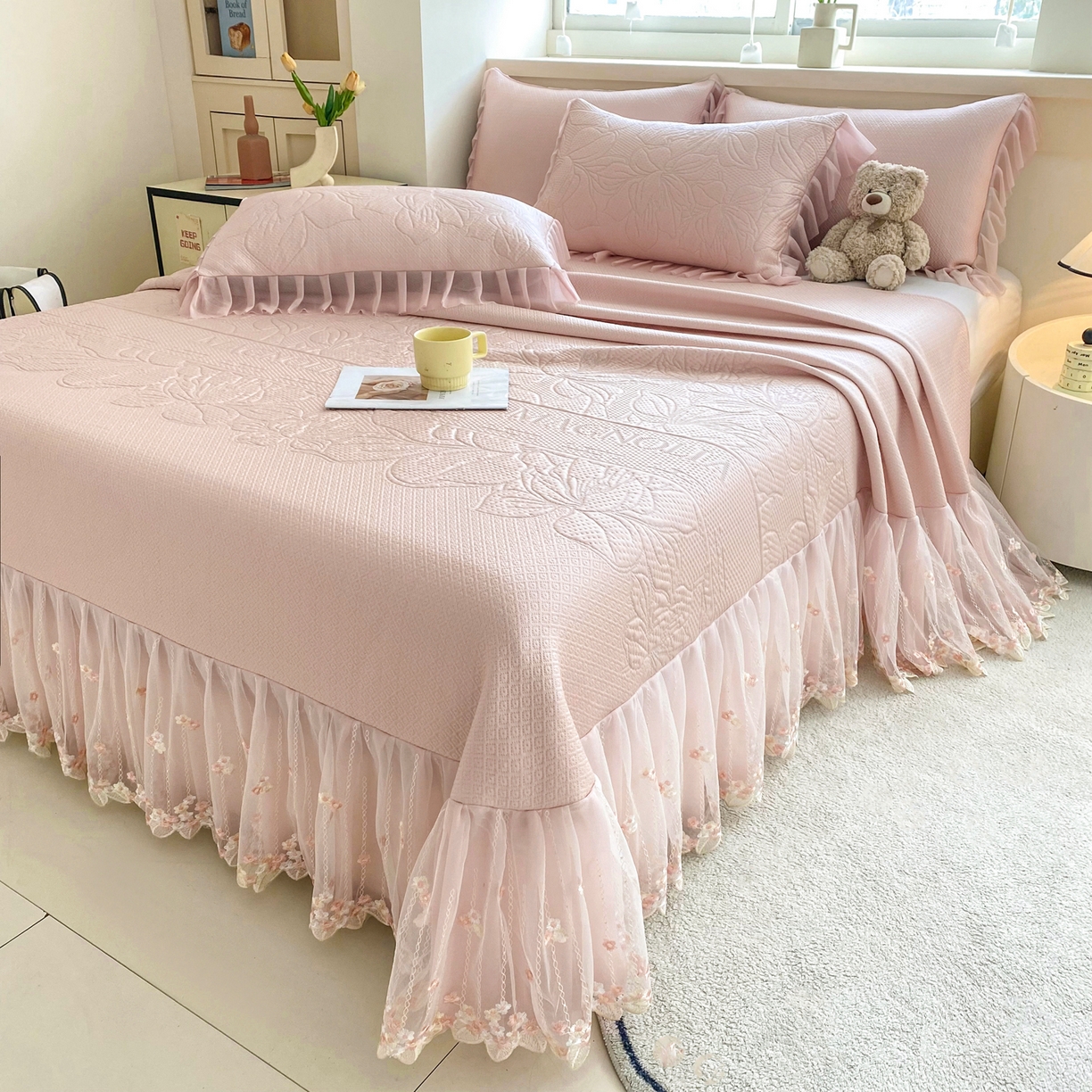 能好家纺 2026春夏新款高分子PE冰豆豆床盖款凉席席子 半夏粉