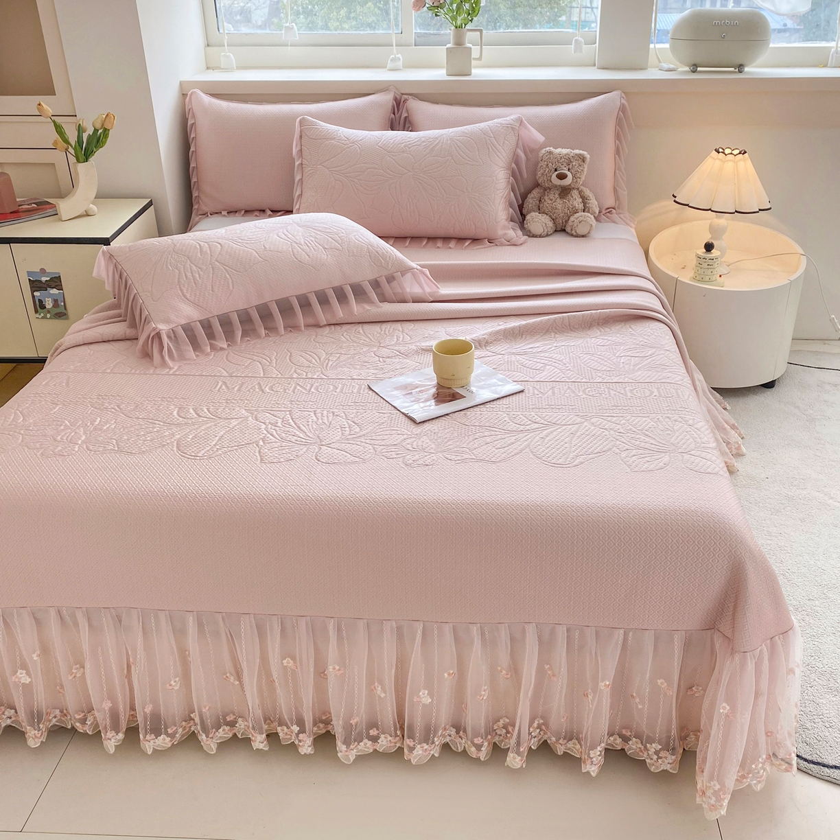 91家纺网 家纺一手货源 找家纺 能好家纺 2026春夏新款高分子PE冰豆豆床盖款凉席席子 半夏粉