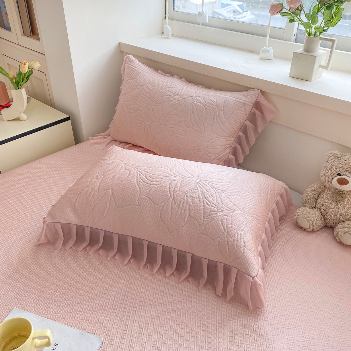 91家纺网 家纺一手货源 找家纺 能好家纺 2026春夏新款高分子PE冰豆豆床盖款凉席席子 半夏粉