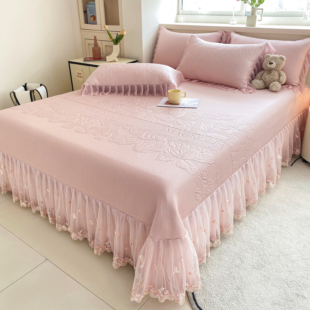 91家纺网 家纺一手货源 找家纺 能好家纺 2026春夏新款高分子PE冰豆豆床盖款凉席席子 半夏粉