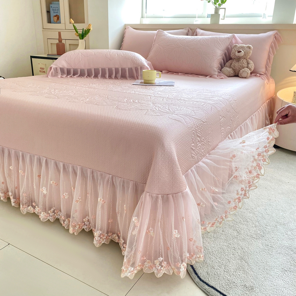 91家纺网 家纺一手货源 找家纺 能好家纺 2026春夏新款高分子PE冰豆豆床盖款凉席席子 半夏粉