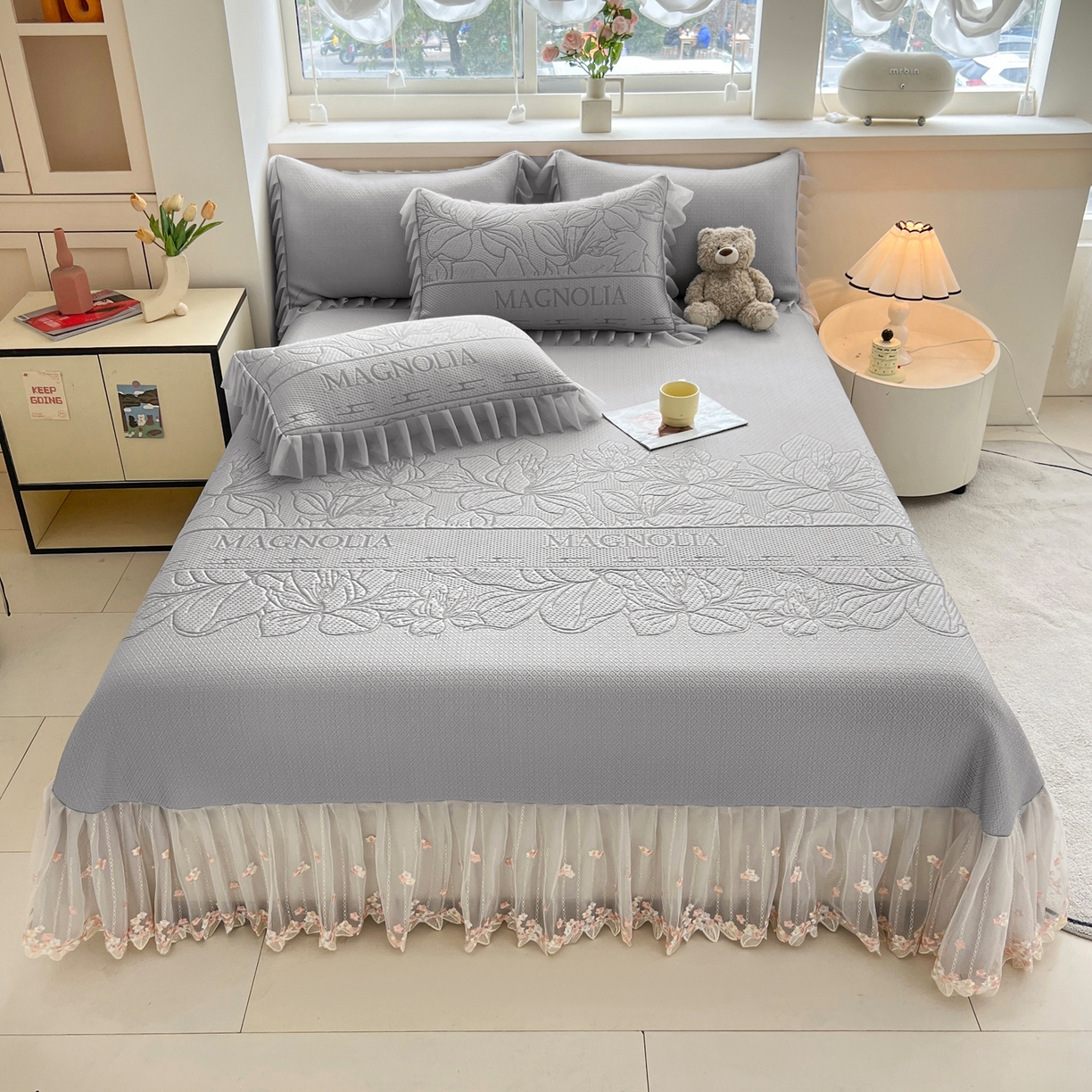 91家纺网 家纺一手货源 找家纺 能好家纺 2026春夏新款高分子PE冰豆豆床盖款凉席席子 半夏灰