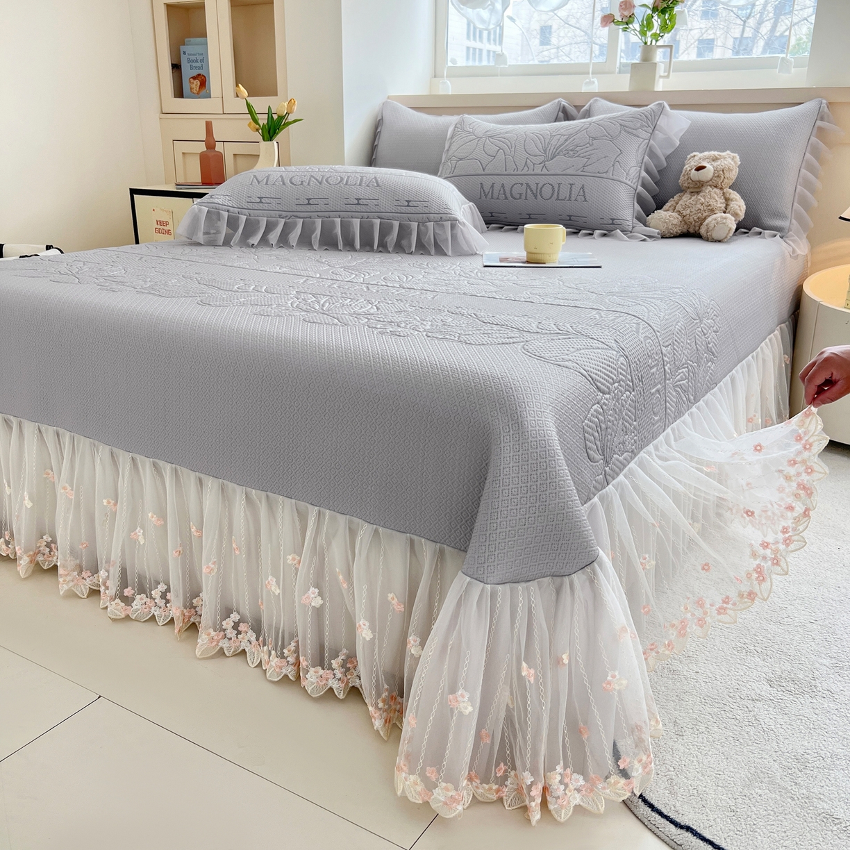 91家纺网 家纺一手货源 找家纺 能好家纺 2026春夏新款高分子PE冰豆豆床盖款凉席席子 半夏灰