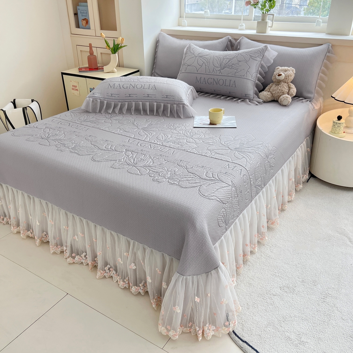 91家纺网 家纺一手货源 找家纺 能好家纺 2026春夏新款高分子PE冰豆豆床盖款凉席席子 半夏灰