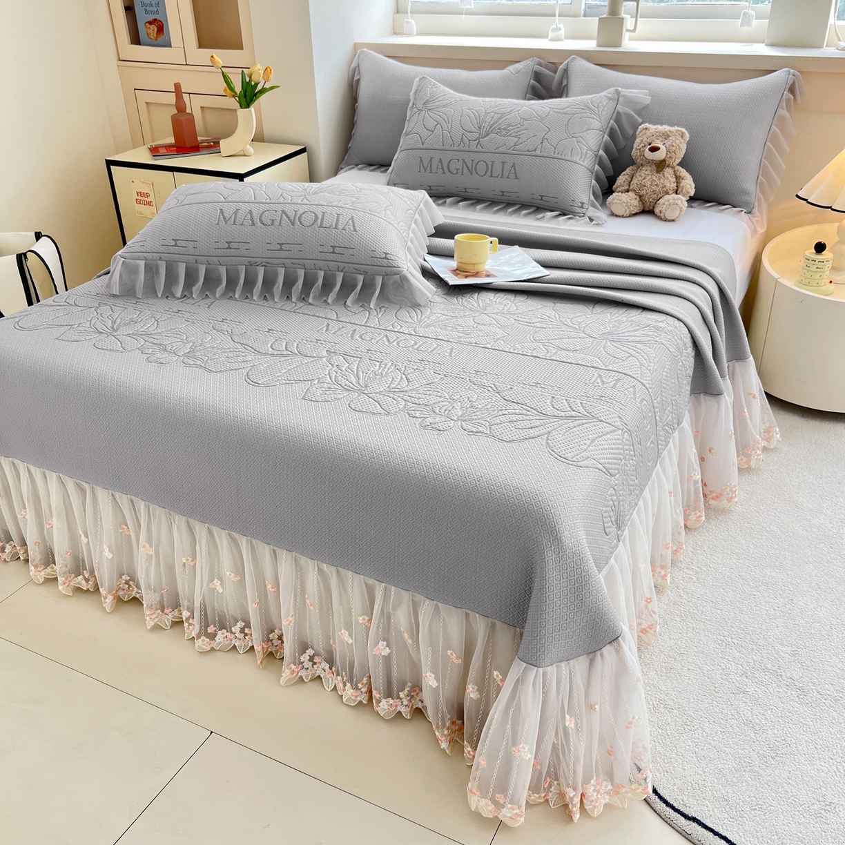 91家纺网 家纺一手货源 找家纺 能好家纺 2026春夏新款高分子PE冰豆豆床盖款凉席席子 半夏灰