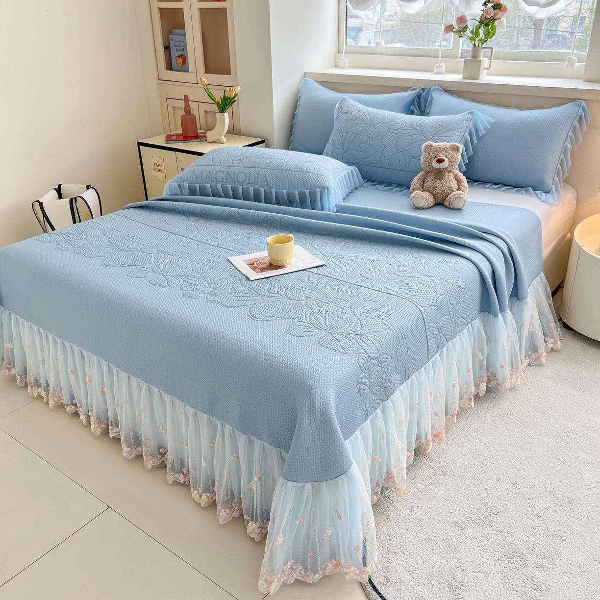 能好家纺 2026春夏新款高分子PE冰豆豆床盖款凉席席子 半夏蓝