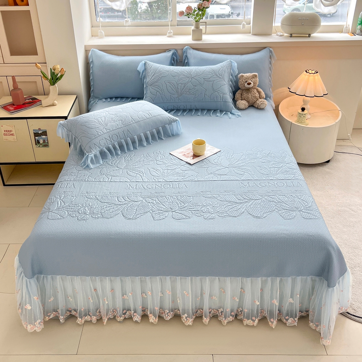 91家纺网 家纺一手货源 找家纺 能好家纺 2026春夏新款高分子PE冰豆豆床盖款凉席席子 半夏蓝