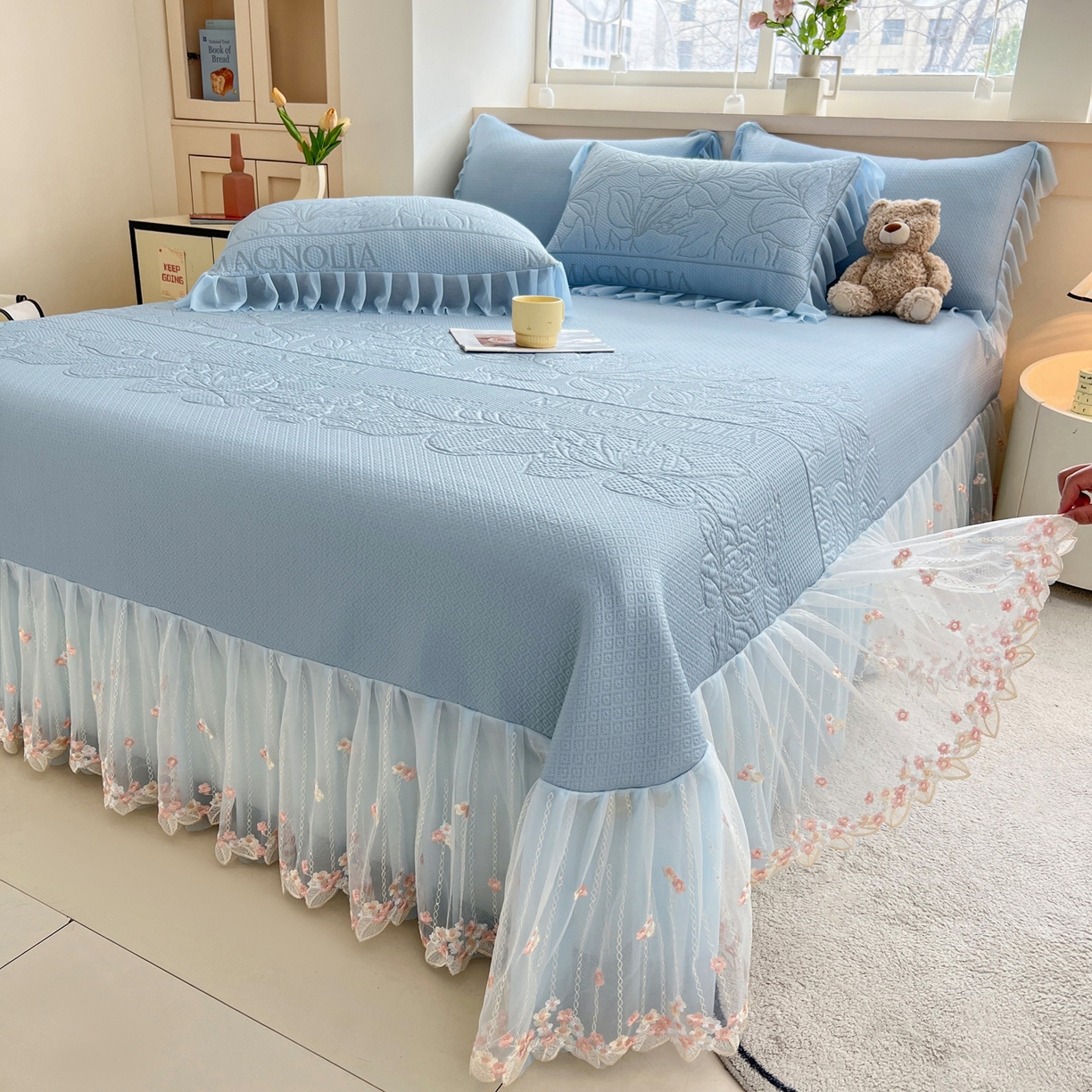 91家纺网 家纺一手货源 找家纺 能好家纺 2026春夏新款高分子PE冰豆豆床盖款凉席席子 半夏蓝