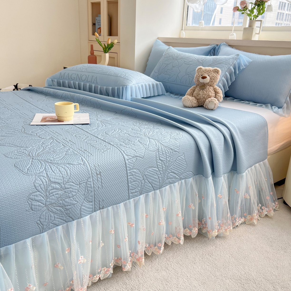 91家纺网 家纺一手货源 找家纺 能好家纺 2026春夏新款高分子PE冰豆豆床盖款凉席席子 半夏蓝