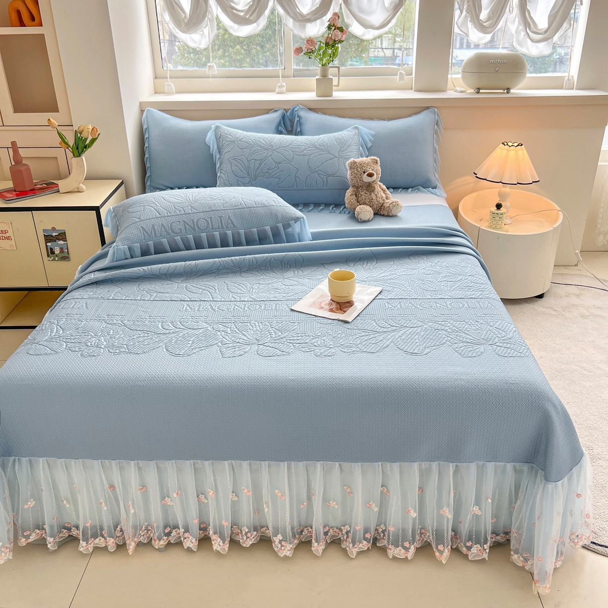 91家纺网 家纺一手货源 找家纺 能好家纺 2026春夏新款高分子PE冰豆豆床盖款凉席席子 半夏蓝