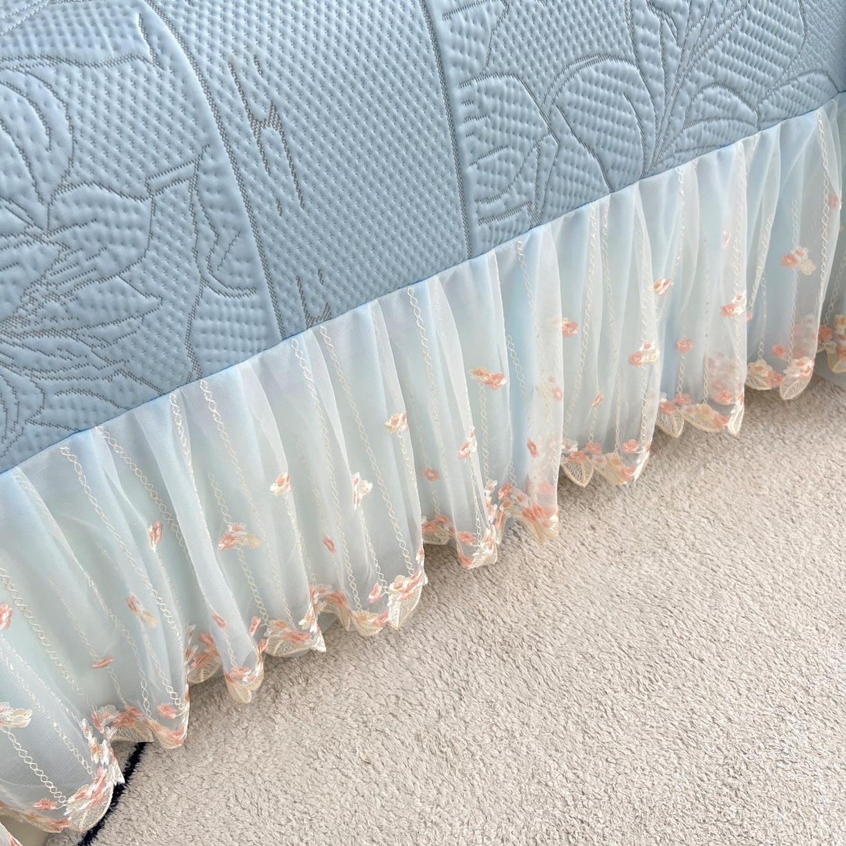 91家纺网 家纺一手货源 找家纺 能好家纺 2026春夏新款高分子PE冰豆豆床盖款凉席席子 半夏蓝