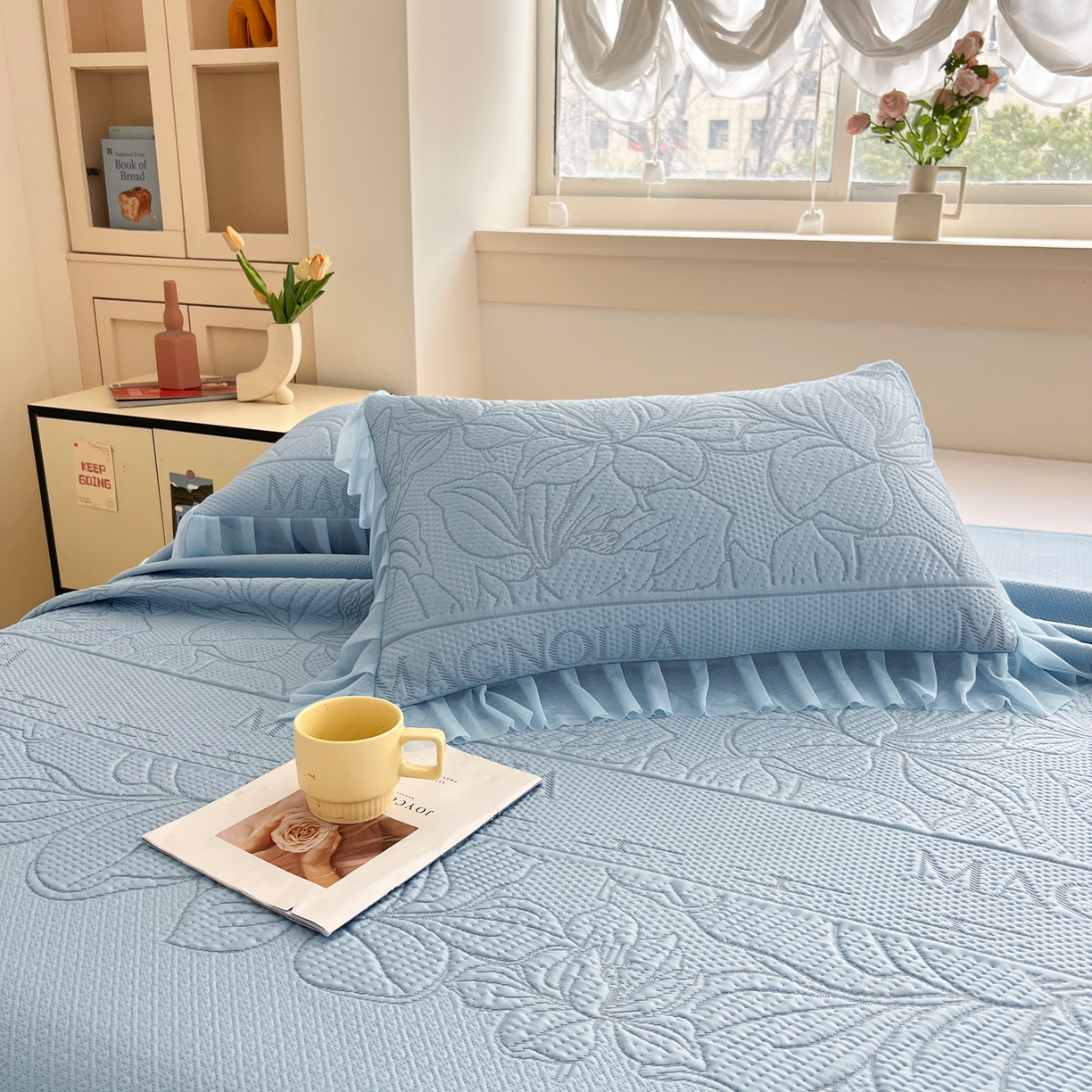 91家纺网 家纺一手货源 找家纺 能好家纺 2026春夏新款高分子PE冰豆豆床盖款凉席席子 半夏蓝