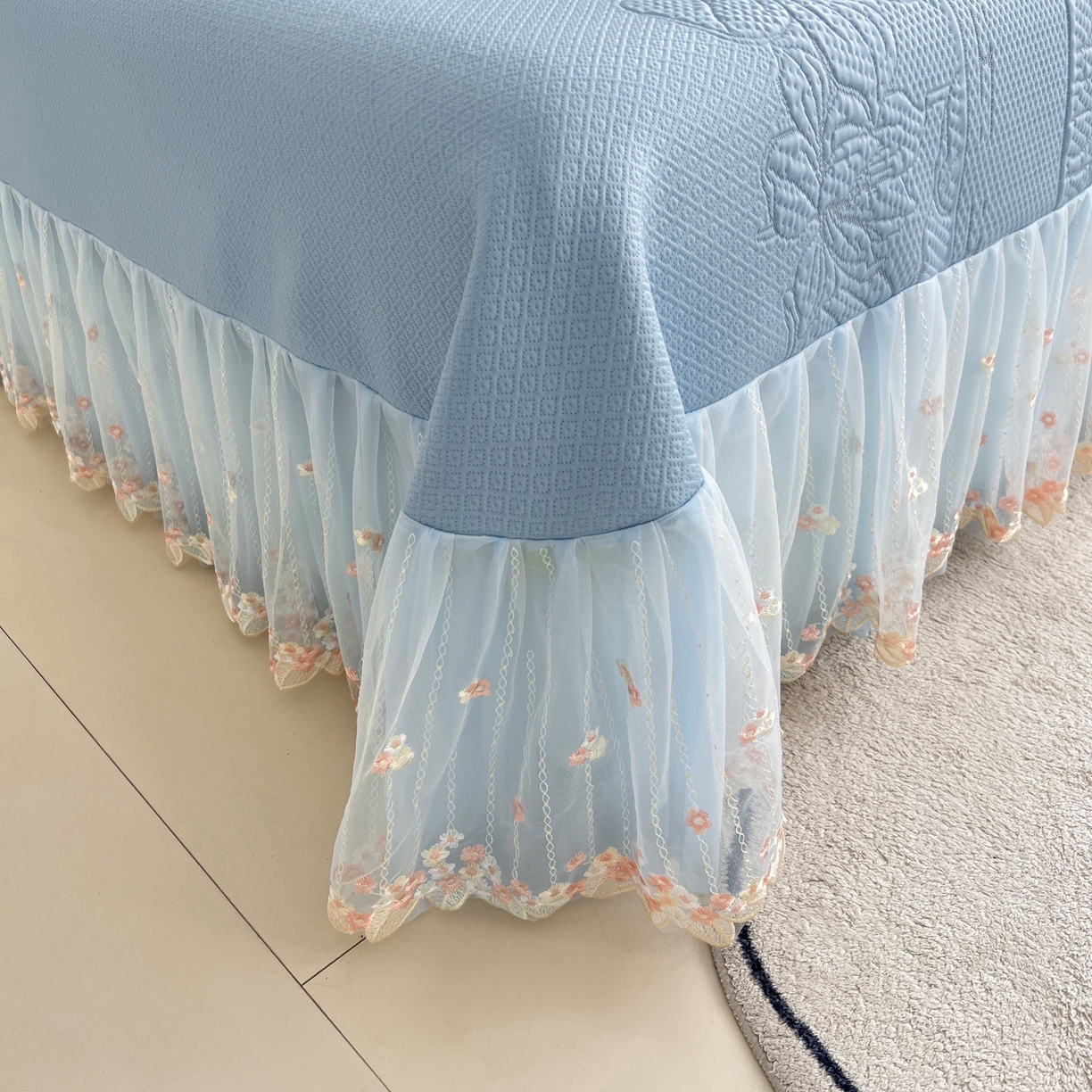 91家纺网 家纺一手货源 找家纺 能好家纺 2026春夏新款高分子PE冰豆豆床盖款凉席席子 半夏蓝