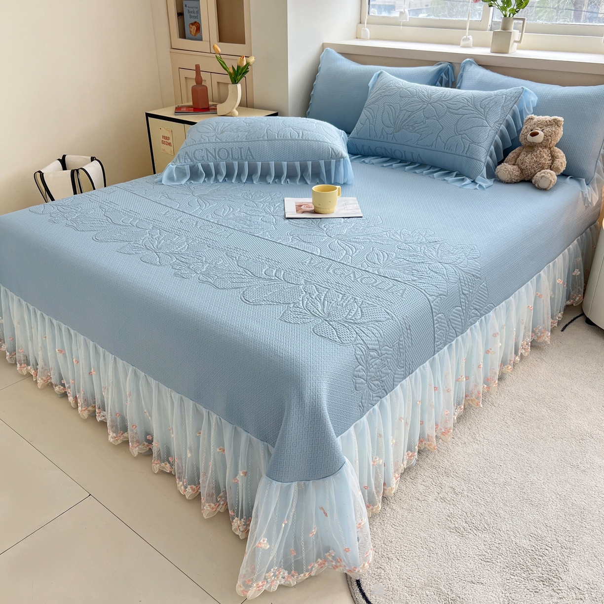 91家纺网 家纺一手货源 找家纺 能好家纺 2026春夏新款高分子PE冰豆豆床盖款凉席席子 半夏蓝