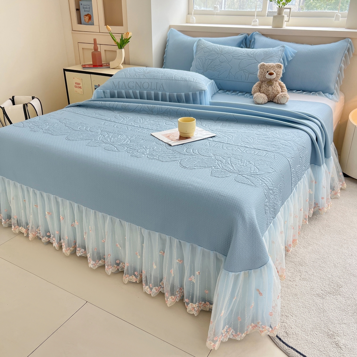 91家纺网 家纺一手货源 找家纺 能好家纺 2026春夏新款高分子PE冰豆豆床盖款凉席席子 半夏蓝