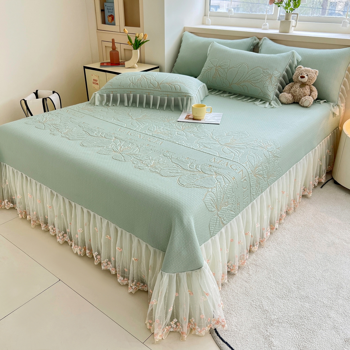 91家纺网 家纺一手货源 找家纺 能好家纺 2026春夏新款高分子PE冰豆豆床盖款凉席席子 半夏绿