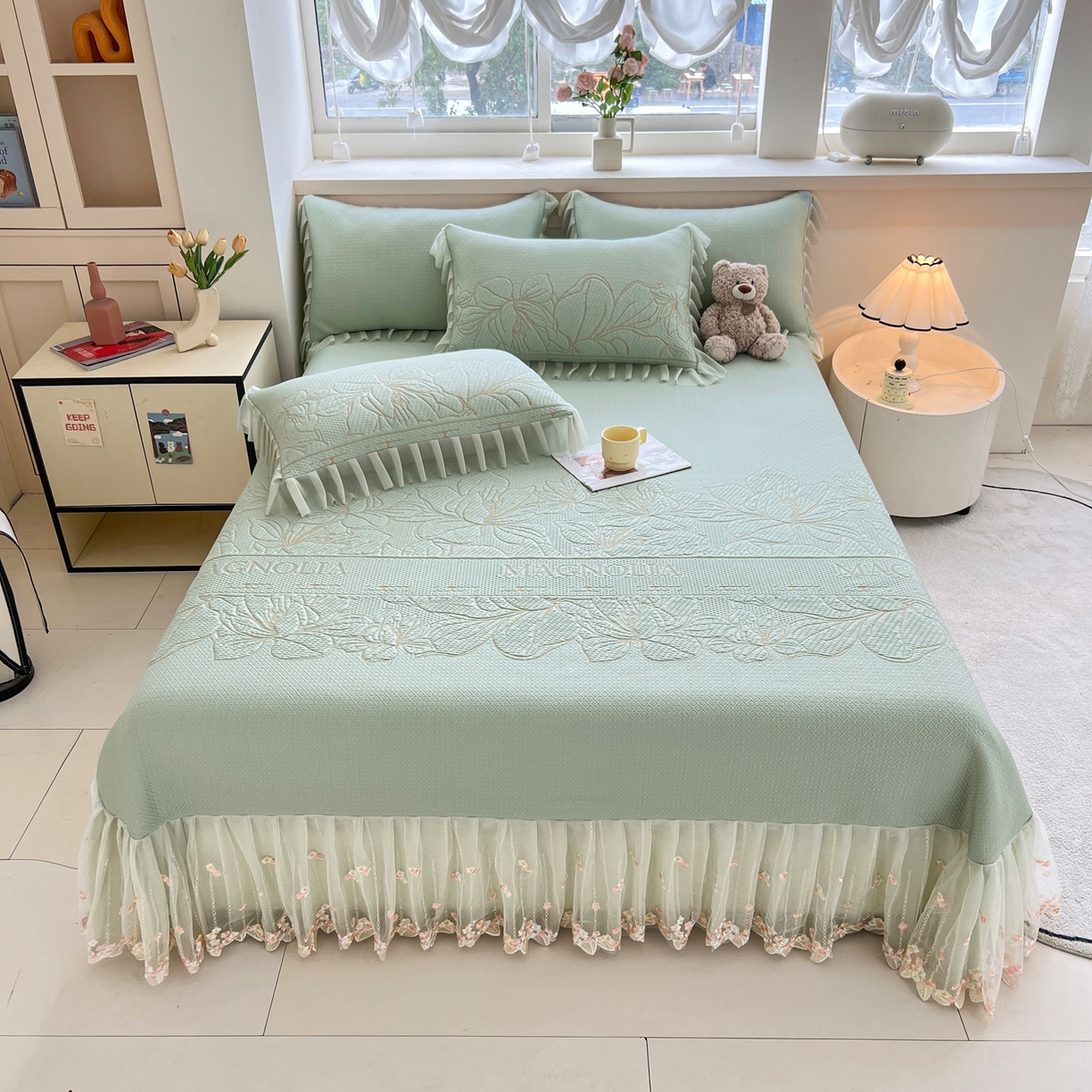 91家纺网 家纺一手货源 找家纺 能好家纺 2026春夏新款高分子PE冰豆豆床盖款凉席席子 半夏绿