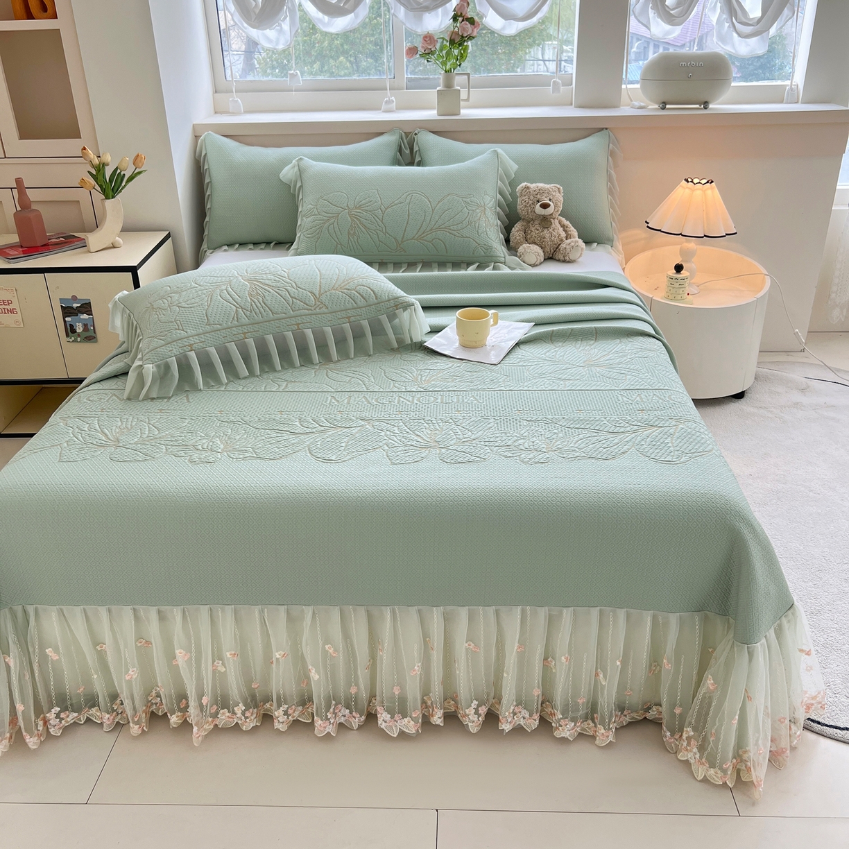 91家纺网 家纺一手货源 找家纺 能好家纺 2026春夏新款高分子PE冰豆豆床盖款凉席席子 半夏绿